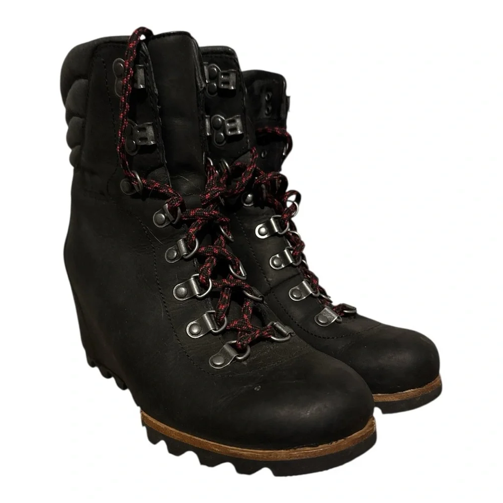Sorel Black Lace Up Wedge Boots with Weatherproof Design - Picture 2 of 10
